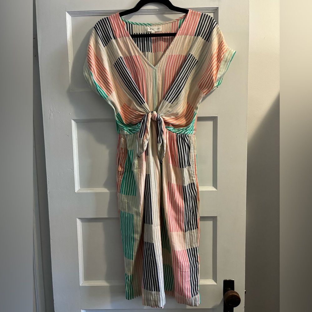 LOFT Lou & Grey multi-color striped dress with pockets and tie front. Size XS.